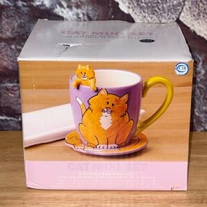 Clay Art Large Ceramic Cat Mug, Coaster & Cat Spoon New Open Box HTF